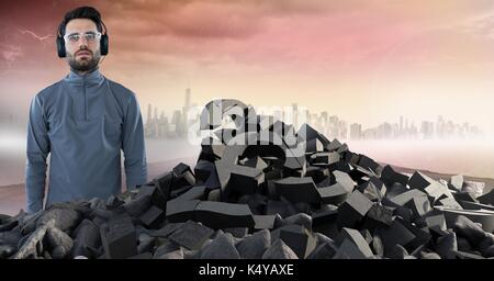 Digital composite of Broken concrete stone with money symbol and man with headphones in cityscape Stock Photo