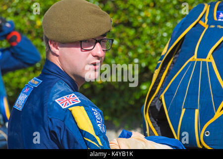 member of the Tigers Freefall Parachute Team at Bournemouth Air Festival, Bournemouth, Dorset in August Stock Photo