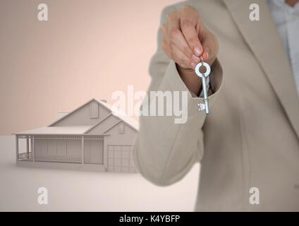 Digital composite of Woman Holding key with 3D house model in front of vignette Stock Photo