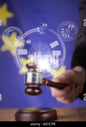 Digital composite of Judge banging gavel in front of European flag with flare and interface Stock Photo