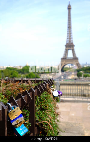 Love locks near the Eiffel Tower in Paris Stock Photo