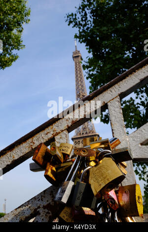 Love locks near the Eiffel Tower in Paris Stock Photo