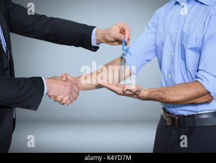 Digital composite of Men holding keys handshake in front of vignette Stock Photo