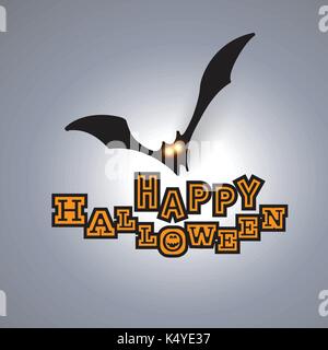 Happy Halloween Card Template - Flying Bat with Glowing Eyes - Vector Illustration Stock Vector
