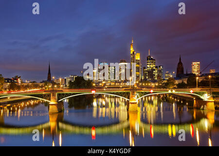 Skyline at dusk, Taunusturm, Tower 185, Commerzbank, Messeturm, Hessische Landesbank, Deutsche Bank, Frankfurt Cathedral Stock Photo