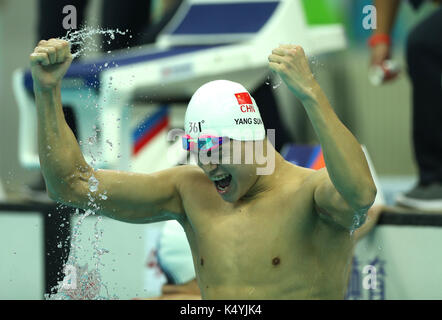 Tianjin. 7th Sep, 2017. Sun Yang of Zhejiang celebrates after the men's 1500m freestyle swimming final at 13th Chinese National Games in north China's Tianjin Municipality, Sept. 7, 2017. Sun Yang claimed the title with 15 minutes and 5.18 seconds. Credit: Fei Maohua/Xinhua/Alamy Live News Stock Photo