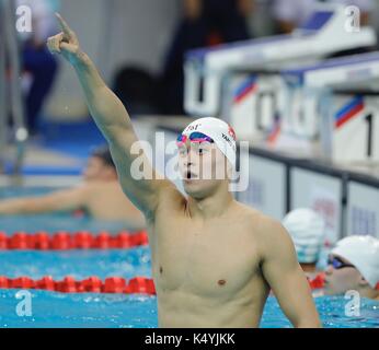 Tianjin. 7th Sep, 2017. Sun Yang of Zhejiang celebrates after the men's 1500m freestyle swimming final at 13th Chinese National Games in north China's Tianjin Municipality, Sept. 7, 2017. Sun Yang claimed the title with 15 minutes and 5.18 seconds. Credit: Ding Xu/Xinhua/Alamy Live News Stock Photo