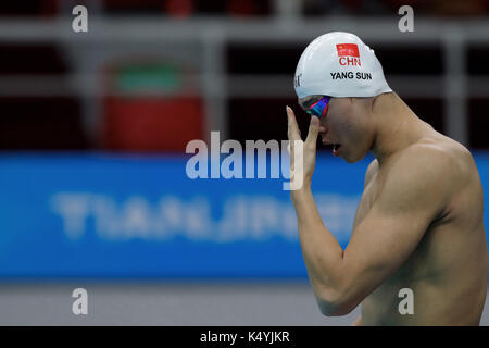 Tianjin. 7th Sep, 2017. Sun Yang of Zhejiang reacts before the men's 1500m freestyle swimming final at 13th Chinese National Games in north China's Tianjin Municipality, Sept. 7, 2017. Sun Yang claimed the title with 15 minutes and 5.18 seconds. Credit: Ding Xu/Xinhua/Alamy Live News Stock Photo