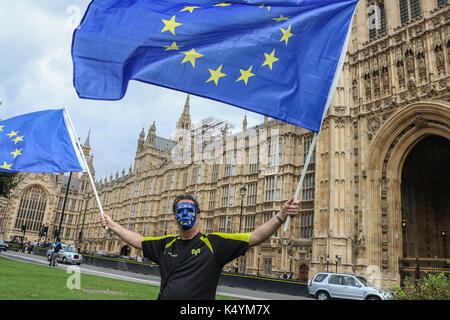 London, UK. 7th Sep, 2017. Two Anti Brexit protesters waving European flags outside Parliament in the hope that Brexit will not materialize after Britain voted in the European referendum on 23 June 2016 to leave the European Union Credit: amer ghazzal/Alamy Live News Stock Photo