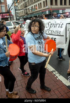 Newark, United States. 6th September, 2017. Immigrants and their supporters take to the streets to protest President Donald Trump's removal of DACA, an Obama era legislation that allows those who immigrated as children to remain in the USA on a special visa. Almost 800,000 people are under threat of deportation now that DACA is gone. Most of those threatened with deportation are students who have been living inside the country for years via the 'Dreamers' act. Mack William Regan / Alamy Live News Stock Photo