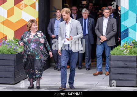Belfast, Northern Ireland. 07/09/2017 -  Prince Harry leaves the MAC with Lord Lieutenant of the City of Belfast, Fionnula Jay-O'Boyle, before a walkabout in Belfast on his first Northern Ireland visit.