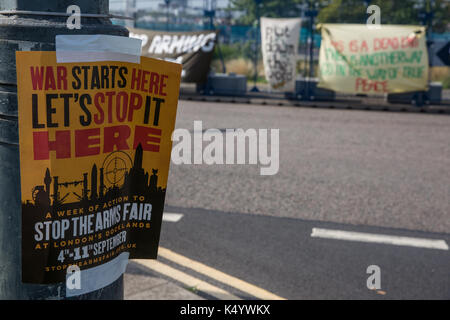 London, UK. 7th Sep, 2017. A notice advertising a week of protest against the DSEI arms fair at the ExCel Centre. Credit: Mark Kerrison/Alamy Live News Stock Photo