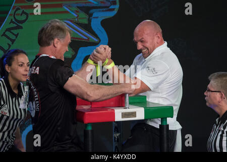 Budapest. 7th Sep, 2017. Alan Bown (2nd L) of the United States competes with Michael Mucha (2nd R) of Germany during the Grand Master Men's 100kg Left Arm final at the 2017 World Armwrestling and Para-Armwrestling Championship in Budapest, Hungary on Sept. 7, 2017. Credit: Attila Volgyi/Xinhua/Alamy Live News Stock Photo