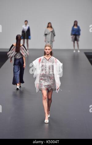 Hong Kong, China. 7th Sep, 2017. Models present creations made of renewable materials during a fashion show in Hong Kong, south China, Sept. 7, 2017. Credit: Qin Qing/Xinhua/Alamy Live News Stock Photo