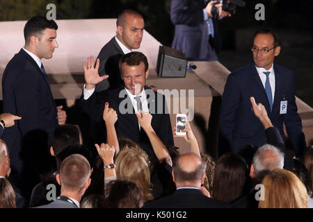 Athens, Greece. 07th Sep, 2017. French President Emmanuel Macron leaves after delivering a speech at Pnyx hill. French President Emmanuel Macron arrives Greece for a two day official visit to meet Greek Prime Minister Alexis Tsipras and President Prokopis Pavlopoulos. Credit: SOPA Images Limited/Alamy Live News Stock Photo