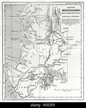 Ancient grayscale topographic map of Gabon Africa. Created by Erhard and Bonaparte published on Le Tour du Monde Paris 1862 Stock Photo