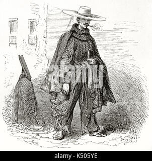 Ancient mexican man smoking in traveling clothes with his large hat and mantle. Rough style illustration created by Riou published on Le Tour du Monde Paris 1862 Stock Photo