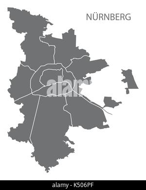 Nuremberg city map with boroughs grey illustration silhouette shape Stock Vector