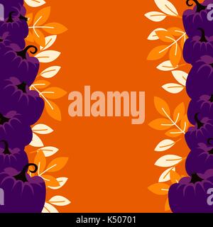 Purple pumpkins on orange border background card template. Stock Vector