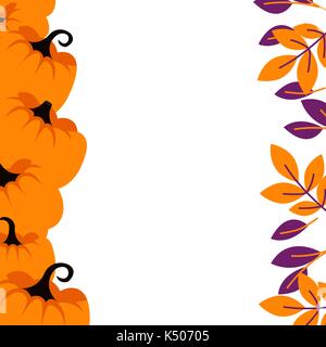 Purple pumpkins on orange border background card template. Stock Vector