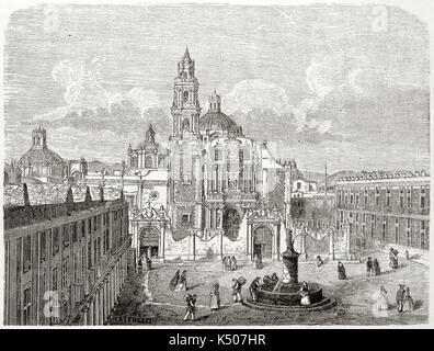 Central plaza of Mexico City in the mid-1800s. Hand-colored woodcut ...