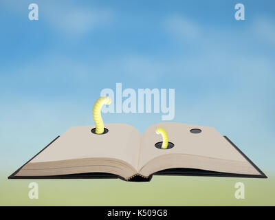 Hardback book with bookworms! Blurry bright background. Stock Photo