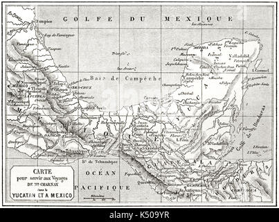 Yucatan gray tone topographic old map, Mexico. Created by Erhard and Bonaparte published on Le Tour du Monde Paris 1862 Stock Photo