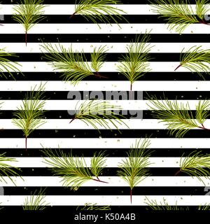 Pine tree branches on black striped background pattern. Stock Vector