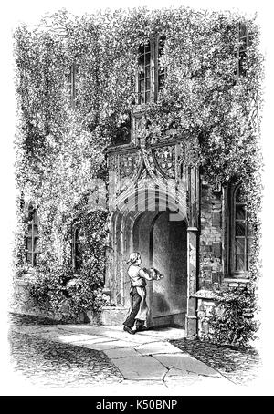1870: Cook entering the Gateway of Jesus College, established 1516,  is a constituent college of the University of Cambridge, England. The college's full name is The College of the Blessed Virgin Mary, Saint John the Evangelist and the glorious Virgin Saint Radegund. Its common name comes from the name of its chapel, Jesus Chapel. England