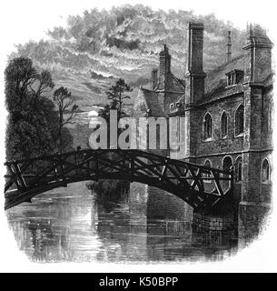 1870: A moonlit view of the Mathematical Bridge over the River Cam built in 1749 and connecting the two sides Queens' College, a constituent college of the University of Cambridge, England.  Queens' is one of the oldest and largest colleges of the university, founded in 1448 by Margaret of Anjou (the queen of Henry VI, who founded King's College), and has some of the most recognisable buildings in Cambridge. Stock Photo