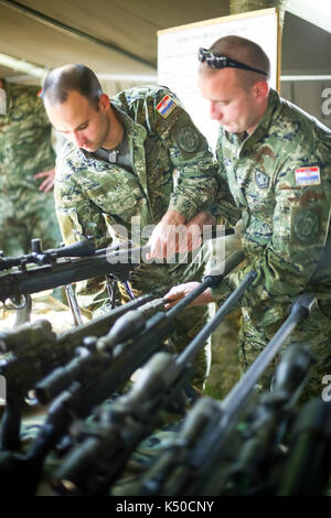 ZAGREB, CROATIA - MAY 28, 2017 : Soldiers with sniper rifles arranged in a row on the 26th anniversary of the formation of the Croatian Armed Forces o Stock Photo