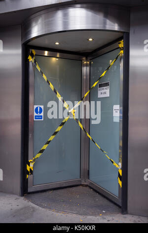 The taped up doors of Westminster City Hall on Victoria Street, on 6th September 2017, in London, England. Westminster City Council’s 19-storey headquarters has closed for a £60 million refurbishment lasting nearly two years. Stock Photo