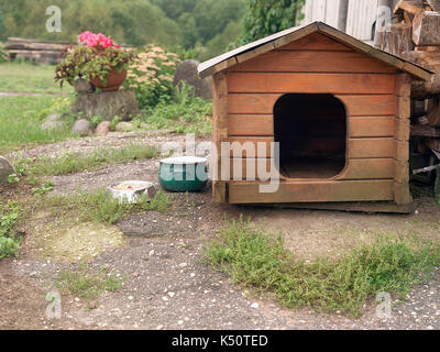 Wooden dog kennel seems abandoned in the backyard, outdoor photo Stock Photo