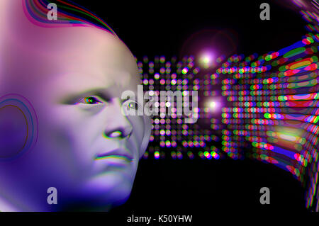 Man listening to music and abstract colorful circles blur. 3d illustration. Stock Photo