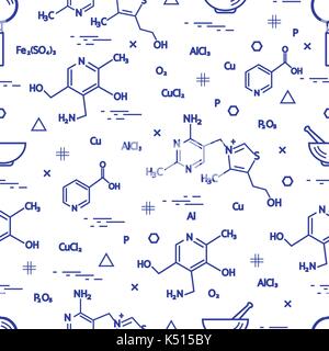 Seamless pattern with scientific, education elements: molecular structure, formula, pestle and other. Design for banner, poster or print. Stock Vector