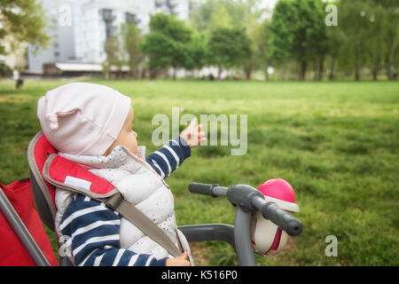 One year old baby girl sitting in a red and grey tricycle in the park, against the sunlit grass; showing with her hand towards the park and trees