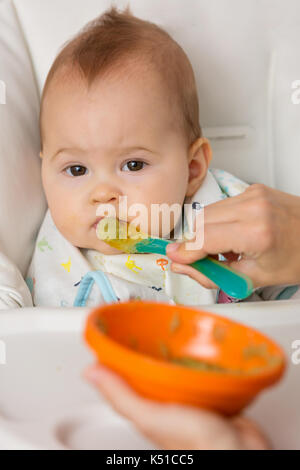 Mother feeding baby girl with mashed avocado and green vegetable in an orange plastic bowl, food on a plastic spoon; concept of family life, healthy e Stock Photo