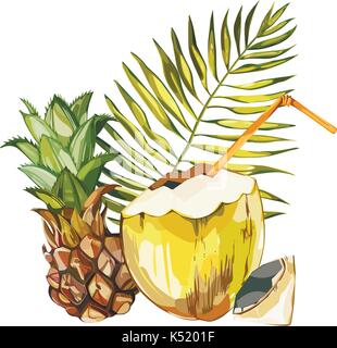 Vector coconut hand drawn sketch with Pineapple. Watercolor vector tropical food illustration. Isolated on white background. Stock Vector