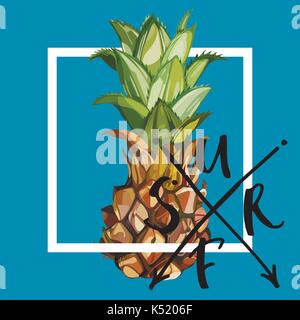 Lettering phrase - SURF. Pineapple with tropical leaves.Element for design of invitations, movie posters, fabrics and other objects. Geometry set. Vector EPS 10 Stock Vector