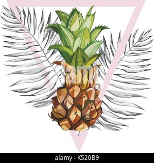 Pineapple with tropical leaves.Element for design of invitations, movie posters, fabrics and other objects. Isolated on white. Geometry set. Vector EPS 10 Stock Vector
