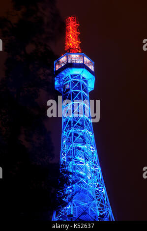 Lighting Petrin lookout tower in Prague at night Stock Photo