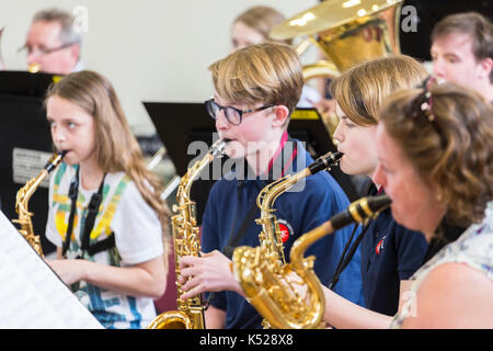 Young musicians play their saxophones in a music band Stock Photo