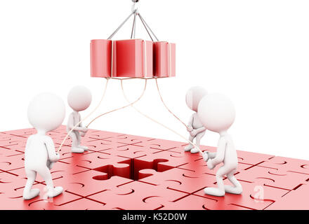 3d illustration. White people solving a puzzle. Teamwork concept. Isolated white background Stock Photo