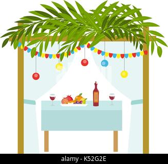 Sukkah for the Sukkot holiday. Jewish tent to celebrate. Isolated on white background. Vector illustration. Stock Vector