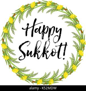 Happy Sukkot round frame of herbs. Jewish holiday huts template for greeting card with etrog, lulav, Arava, Hadas. Isolated on white background. Vector illustration. Stock Vector