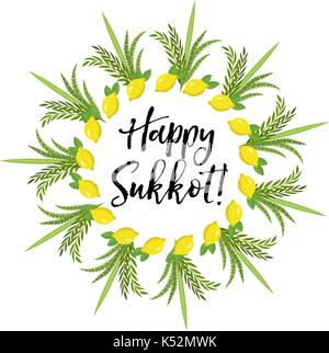 Happy Sukkot round frame of herbs. Jewish holiday huts template for greeting card with etrog, lulav, Arava, Hadas. Isolated on white background. Vector illustration. Stock Vector