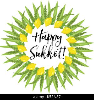 Happy Sukkot round frame of herbs. Jewish holiday huts template for greeting card with etrog, lulav, Arava, Hadas. Isolated on white background. Vector illustration. Stock Vector