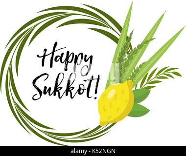 Happy Sukkot round frame of herbs. Jewish holiday huts template for greeting card with etrog, lulav, Arava, Hadas. Isolated on white background. Vector illustration. Stock Vector