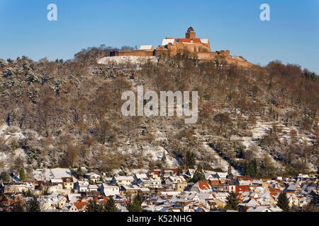 Breuberg castle (today youth hostel) in winter over Neustadt in the Odenwald, Hesse, Germany Stock Photo