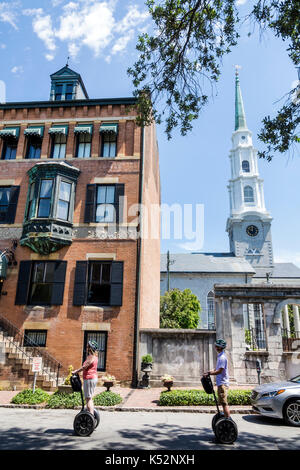 Savannah Georgia,historic district,Chippewa Square,Foley House Inn,bed & breakfast,haunted house,exterior,Independent Presbyterian Church,steeple,USA Stock Photo